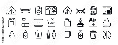 Camping trip essentials: gear, food, hygiene, and waste management icons