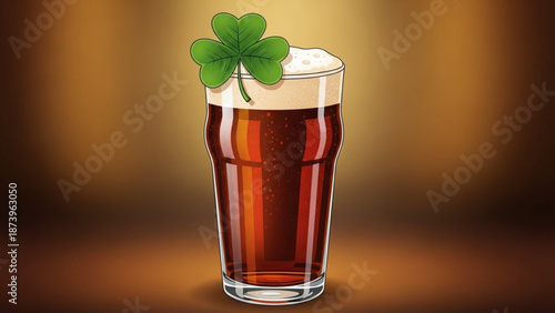 A glass of dark beer with a four leaf clover on top with a warm golden background with luck and irish and st patricks day and celebration and pub