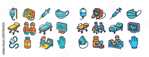 Healthcare icons: medical equipment, professionals, and patient care illustrations