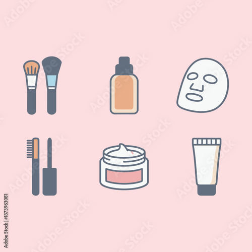 Professional makeup and skincare products icons set including brushes, foundation bottle, face mask, mascara, face cream jar, and cleanser tube, flat vector illustrations for beauty salon