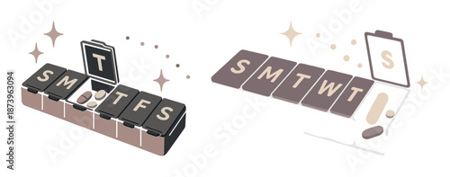 Weekly pill organizer with days of the week labels and open container
