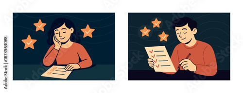 Asian adults reviewing checklists with positive results