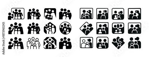 Set of simple family icons depicting diverse group interactions