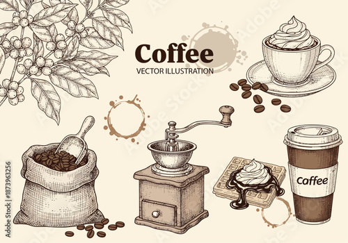 Coffee beans and coffee related objects on a beige background