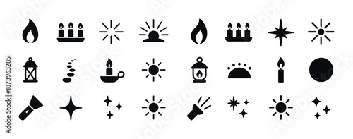 Collection of light and candle icons with sun and lantern designs