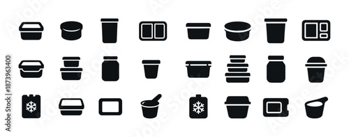 Various food containers and packaging icons in silhouette style