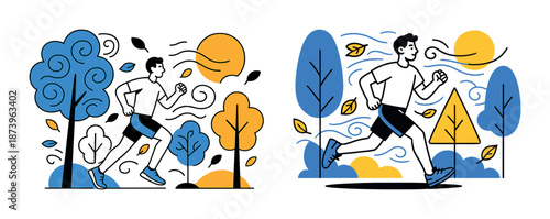 Young caucasian male running outdoors in vibrant autumn forest scene