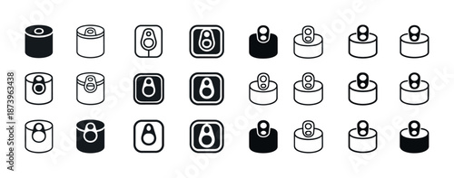 Set of various canned food icons in black and white collection