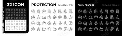 Protection pixel perfect black and white line icons set. Data protection, personal privacy. Insurance policies. Cyber security. Outline iconset. Isolated monochrome illustrations. Editable stroke