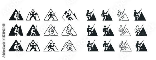 Climbing icon set: symbols of hiking, trekking, and mountain exploration