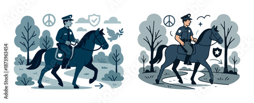 Male police officer on horse patrol in park setting with peace symbols and trees