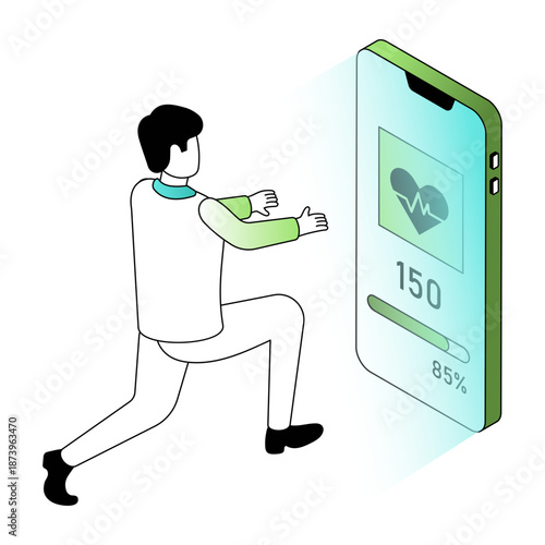 An isometric style illustration showing a fitness app