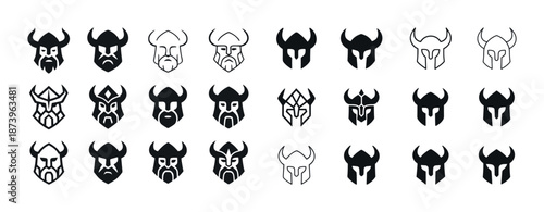 Collection of viking and knight helmets: bold icon designs in black and white
