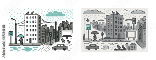 Rainy urban streetscene with pedestrians, cars, and birds in minimalist style