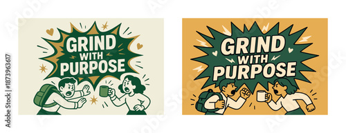 Cartoon illustration of determined male and female adults grinding coffee with purpose