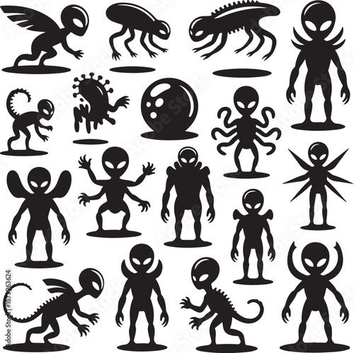 black silhouettes of various alien creatures and monsters