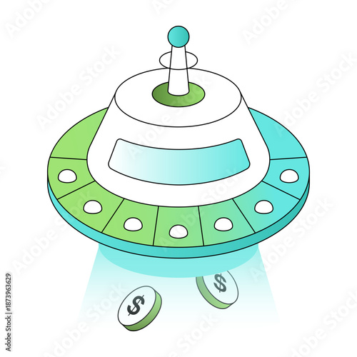 An isometric style illustration showing a ufo abduction