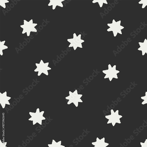 Seamless stars pattern. Hand-drawn black and white starry background, repeating print for wrapping, wallpaper, textile design. Endless night sky texture. Printable flat vector illustration