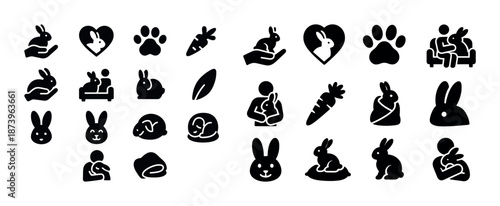 Rabbit and paw icon set - silhouette collection of bunnies, carrots, and hands