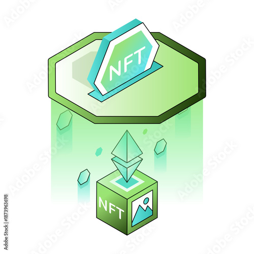 An isometric style illustration showing an nft token