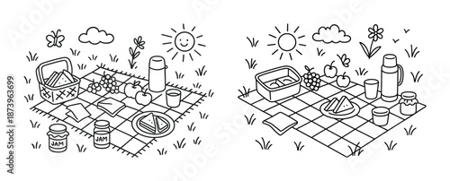 Black and white picnic scene with food and nature elements in two parts