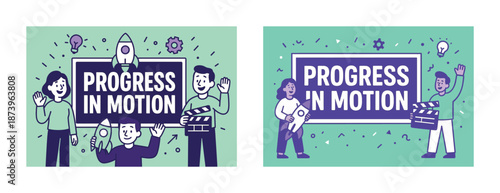 Diverse adults with progress in motion banner and rocket illustration