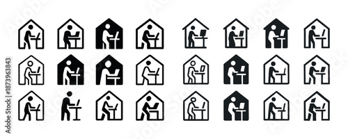 Icons of people working from home in various poses inside houses