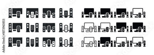 Set of home theater icons: audio, video, and entertainment system