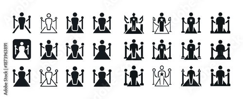 Award ceremony icon set featuring red carpet figures and star symbols