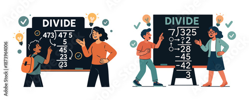 Children learning division with teachers in classroom setting