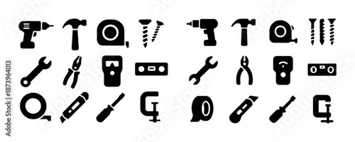 Set of black tool silhouettes including drill, hammer, tape measure, screwdriver, wrench, pliers