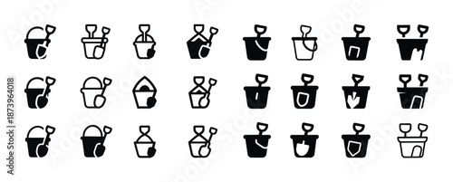 Collection of beach bucket and shovel icons in various styles