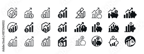 Set of black finance icons with graphs, dollar signs, and piggy banks
