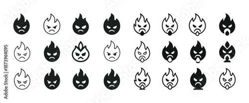 Set of angry flame icons in black and white