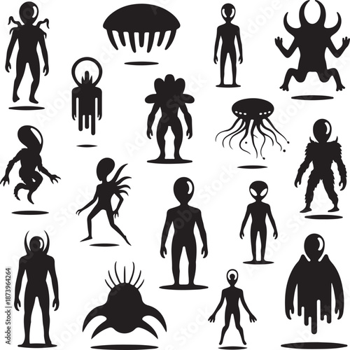 black silhouettes of various alien creatures and monsters