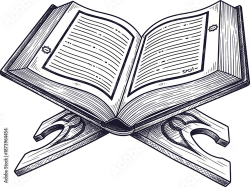 Detailed black ink sketch vector illustration of an open Holy Quran resting on a carved wooden rehal stand.
