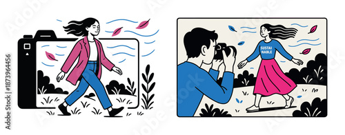 Female photographer captures stylish young woman outdoors in bold fashion