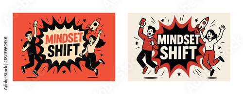 Energetic young caucasian adults celebrating mindset shift with rocket imagery