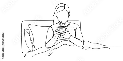 Continuous one line of a person holding a warm drink while sitting in bed, symbolizing comfort and recovery, drawn vector illustration.