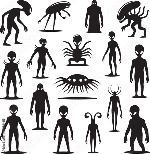 black silhouettes of various alien creatures and monsters