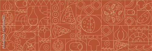 Pizza mosaic seamless pattern, flat line design, pizza ingredients and slices, abstract geometric design of Italian pizzeria