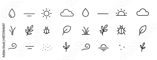 Minimalist nature icons featuring sun, cloud, leaf, and bug outlines