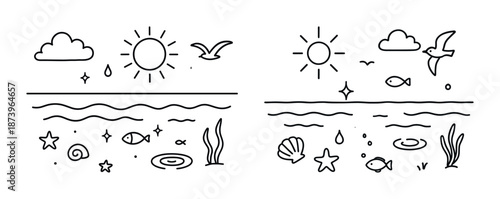 Minimalist ocean scenes with sun, clouds, fish, and seashells in black and white