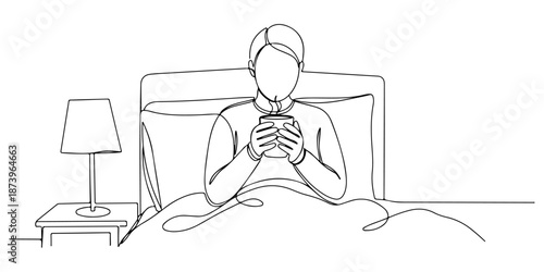 Continuous one line of a person holding a warm drink while sitting in bed, symbolizing comfort and recovery, drawn vector illustration.