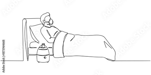 Continuous one line of a person with a humidifier beside the bed, representing respiratory care, drawn vector illustration.