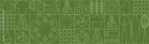 Pizza mosaic seamless pattern, flat line design, pizza ingredients and slices, abstract geometric design of Italian pizzeria