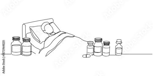 Continuous one line of a person lying in bed surrounded by medicine bottles, representing illness and recovery, drawn vector illustration.