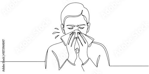 Continuous one line of a person blowing their nose with a tissue, symbolizing cold or flu, drawn vector illustration.