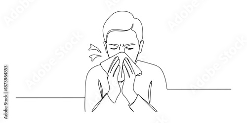 Continuous one line of a person blowing their nose with a tissue, symbolizing cold or flu, drawn vector illustration.