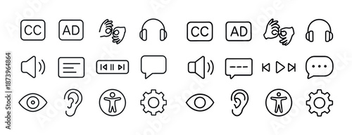 Accessibility icons set: audio, text, visual, interaction, and settings symbols